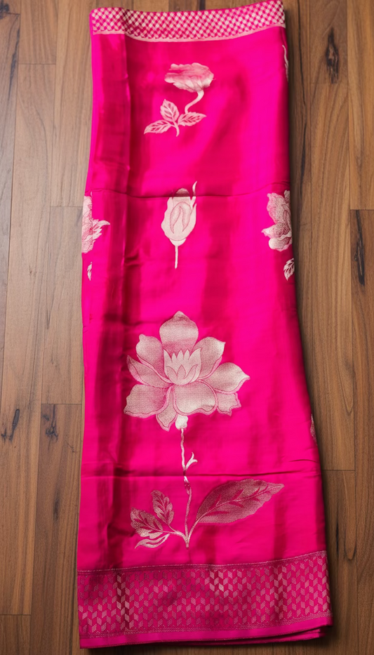 Pink Luxurious Banarasi Pure Mashru Silk with Floral Weaving - Designer Party Wear