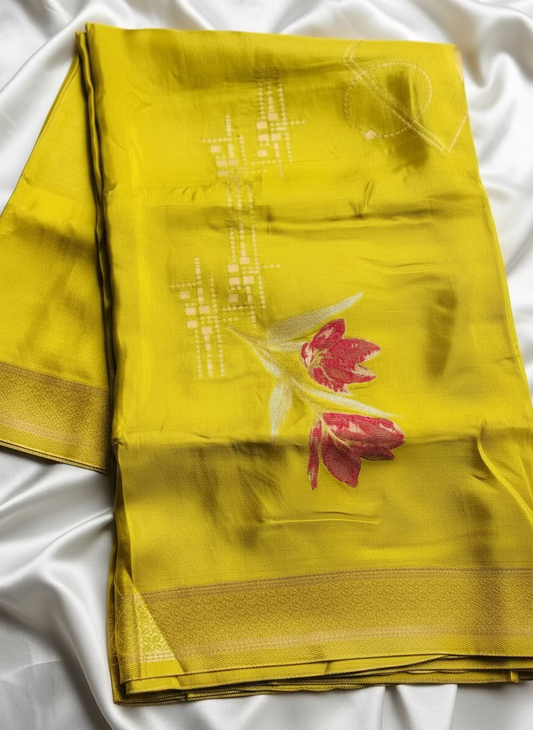 Lime Green Banarasi Pure Mashru Silk Saree with Floral Pattern - Designer Party Wear