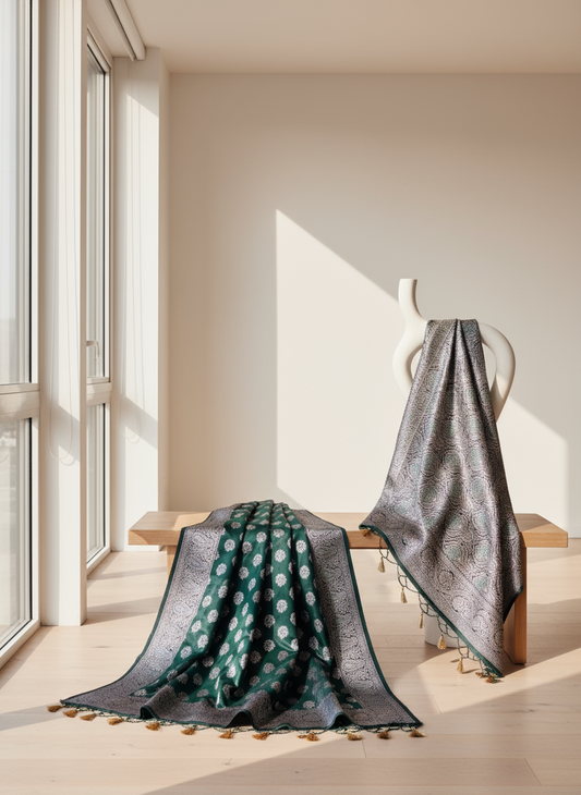 Dark Green Banarasi Pure Mashru Katan Silk with Big Silver Butta - Designer Traditional wear