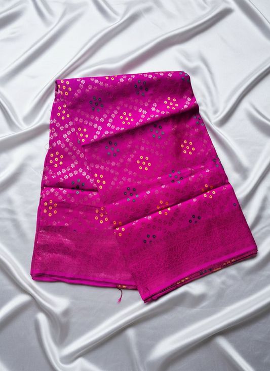 Magenta Banarasi Pure Raw Silk, Traditional Wear with Bandini Weaving