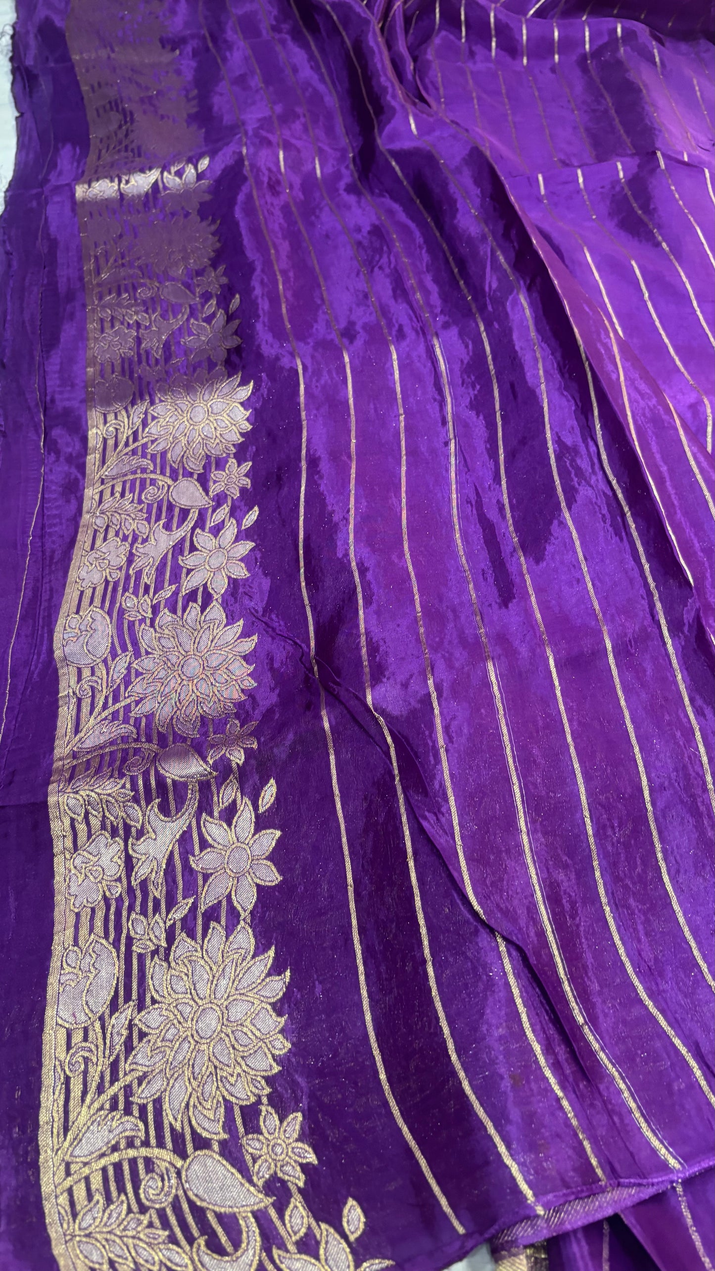 Purple Banarasi Pure Mashru Silk with Silver Leaf Pattern- Designer Party Wear