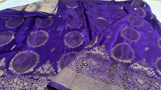 Dark Purple Banarasi Pure Mashru Silk with gold circular pattern- Designer Party Wear