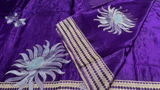 Purple Banarasi Pure Mashru Silk with Gold Sun-like pattern - Designer Party Wear