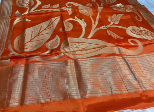 Bright Orange Pure Mashru Silk Saree with Floral pattern - Designer Party Wear