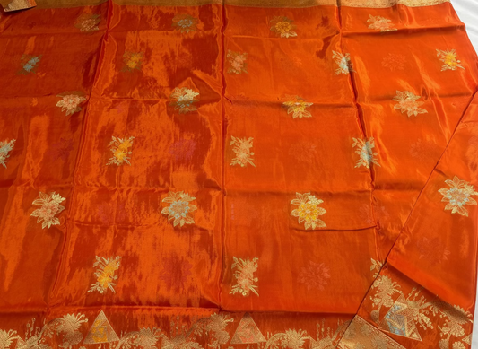 Orange Banarasi Pure Mashru Silk Saree with Silver Leaf Pattern - Designer Party Wear