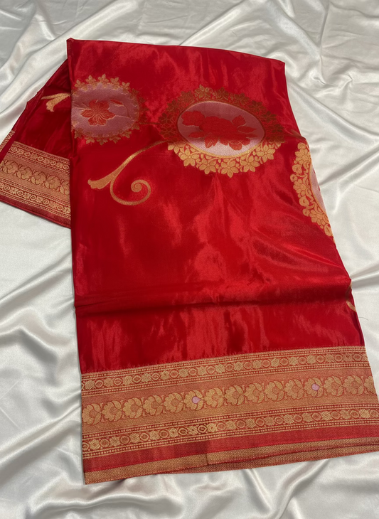 Red Exclusive Banarasi Pure Mashru Silk with Gold circular Flower Motifs - Designer Party Wear