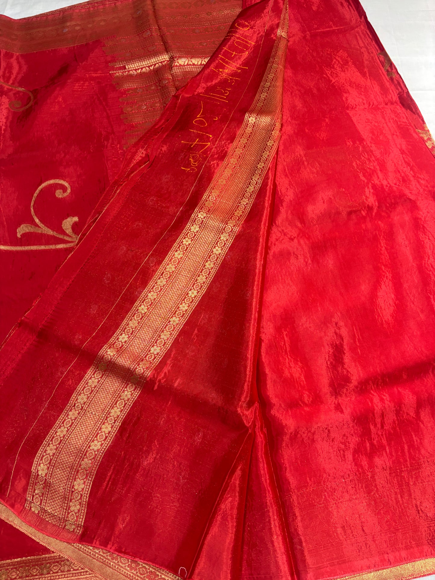 Red Exclusive Banarasi Pure Mashru Silk with Gold circular Flower Motifs - Designer Party Wear
