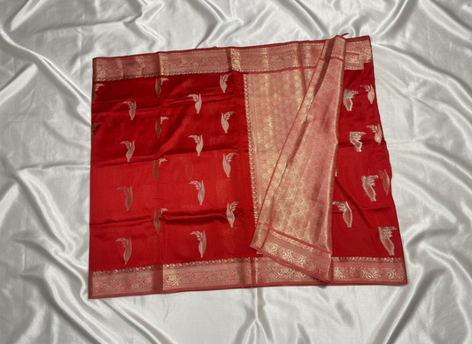 Bright Red Pure Chiniya Silk with Silver Floral Pattern with Contrast Border- Traditional Wear