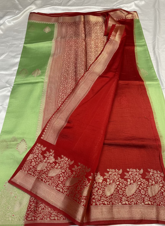 Pista Green Banarasi Pure Chiniya Silk with Double Zari Contrast Border - Traditional Wear