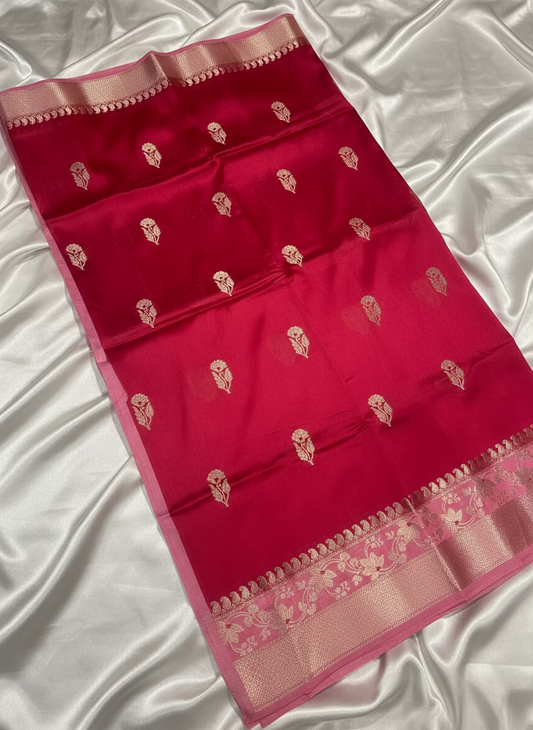 Red Pure Chiniya Silk with Silver Floral Pattern with Contrast Border - Traditional Wear