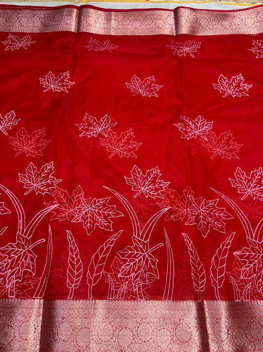 Banarasi Red Kora Organza Silk with Appliqué Inspired Embroidery Saree - Traditional Wear