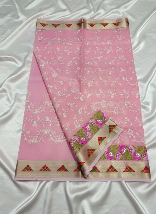 Banarasi Peach Kora Organza Silk with Parsi Border Saree - Designer Party Wear