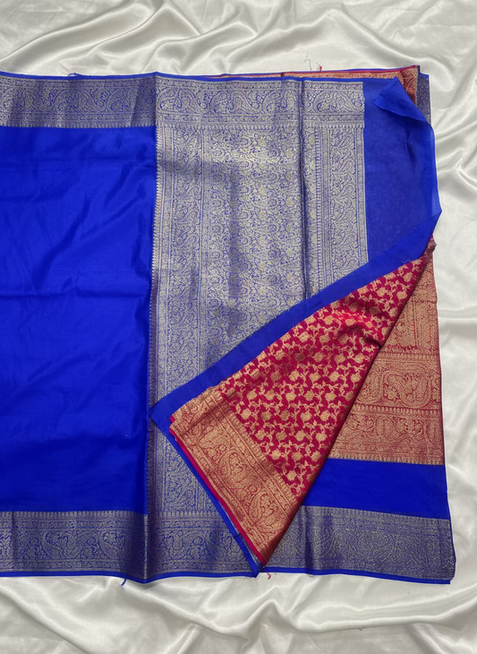Royal Blue Banarasi Crape Silk Saree with Copper Zari Border - Designer Traditional wear