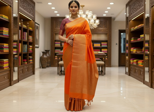 Orange Banarasi Crape Silk Saree with Gold Zari Border