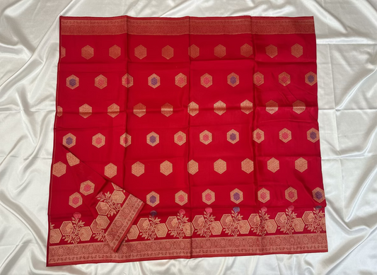 Bight Red Banarasi Pure Mashru Silk with Hexagon shaped Flower Motifs - Designer Party Wear