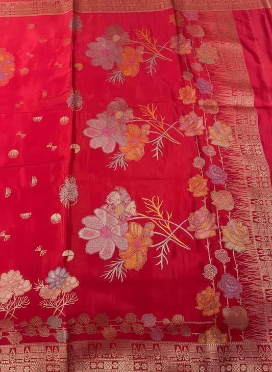 Red Banarasi Pure Mashru Silk with Golden Rose Weaving Pallu - Designer Party Wear