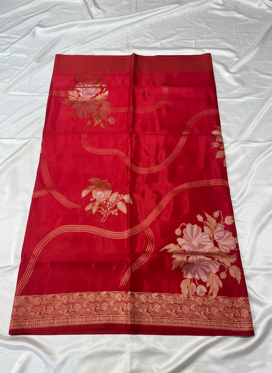 Red Banarasi Pure Mashru Silk with Meenakari Flower Design Butta - Designer Party Wear