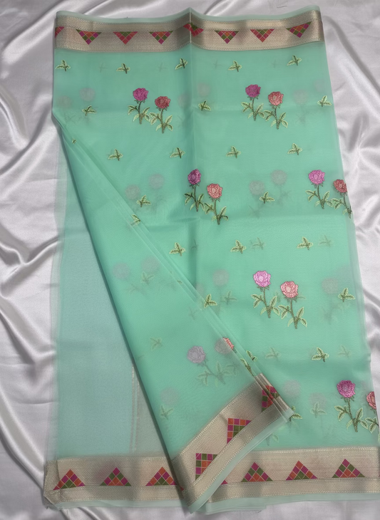 Banarasi Light Green Kora with Rose Chikankari Embroidery Work - Designer Party Wear