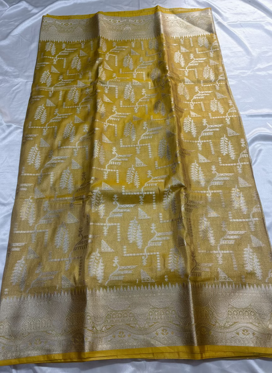 Yellow Banarasi Tissue Katan Silk Saree with Geometrical Weaving - Designer Traditional Wear