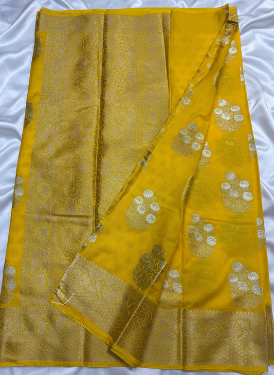 Yellow Banarasi Katan Georgette Saree with Gold & Silver Meenakshi Butta - Traditional Wear
