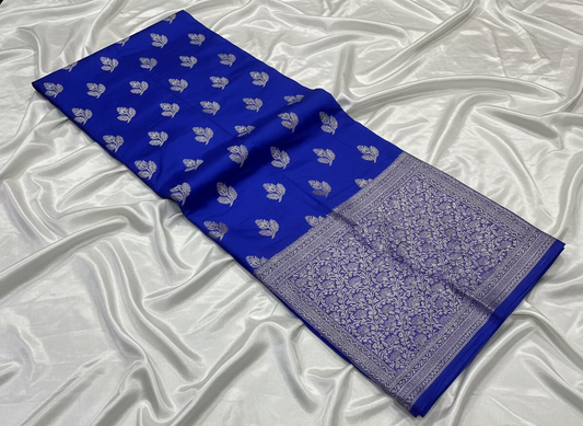 Royal Blue Banarasi Dola Silk with Silver Flower Patterned Weaving -Traditional Wear