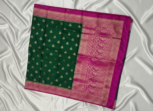 Dark Green Banarasi Mashru Silk Saree with Gold Floral Patterns