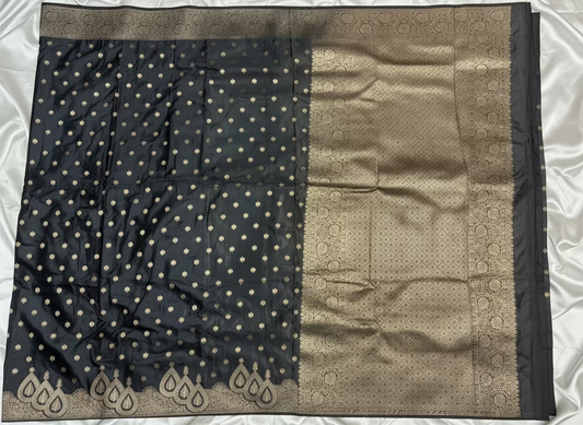 Black Banarasi Mashru Silk Saree with Small Butta with Designer Border - Designer Party Wear