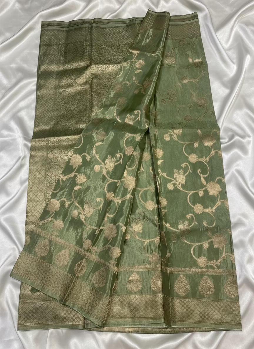 Light Green Banarasi Russian Silk Saree with Silver Jaal Design - Designer Party Wear