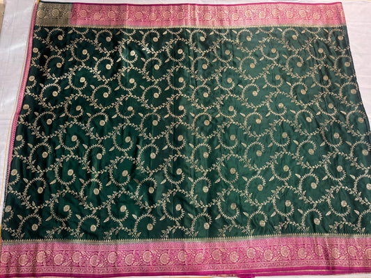 Dark Green Banarasi Mashru Silk Saree with Gold Jaal Patterns with Contrast Border - Traditional Wear