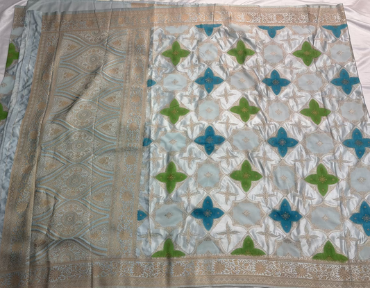 Sky Blue Banarasi Mashru Silk Saree in Rangkat Concept - Designer Party Wear