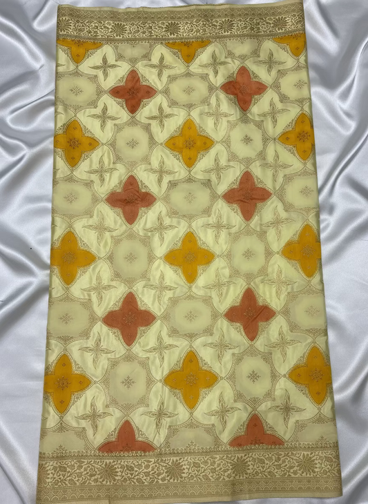 Lemon Yellow Banarasi Mashru Silk Saree in Rangkat Concept - Designer Party Wear