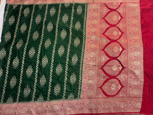 Dark Green Banarasi Mashru Silk Saree with Vertical Silver Pattern with Contrast Border - Traditional Wear