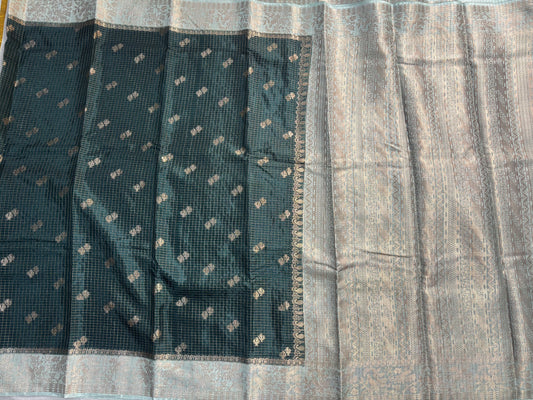 Dark Green Banarasi Russian Silk Saree in Checkered pattern with Small Floral Butta in Contrast Border- Traditional Wear