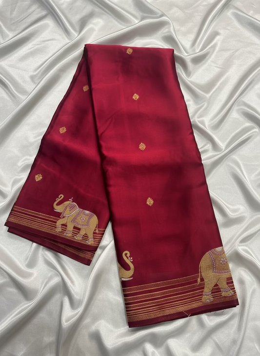 Magenta Banarasi Russian Silk Saree with Small Butta and Golden Elephant Figure Motifs - Designer Party Wear