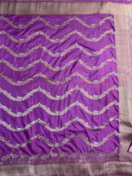 Purple Banarasi Mashru Silk Saree with Gold Wavy lines pattern with Flamingo Motifs Border - Designer Party Wear