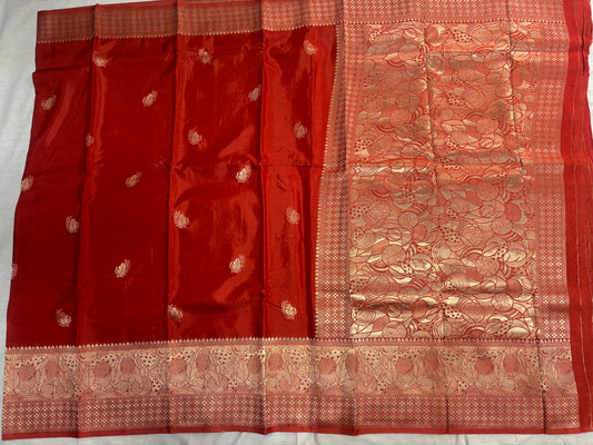 Red Banarasi Russian Silk Saree with Light Gold Pallu & Border - Traditional Wear