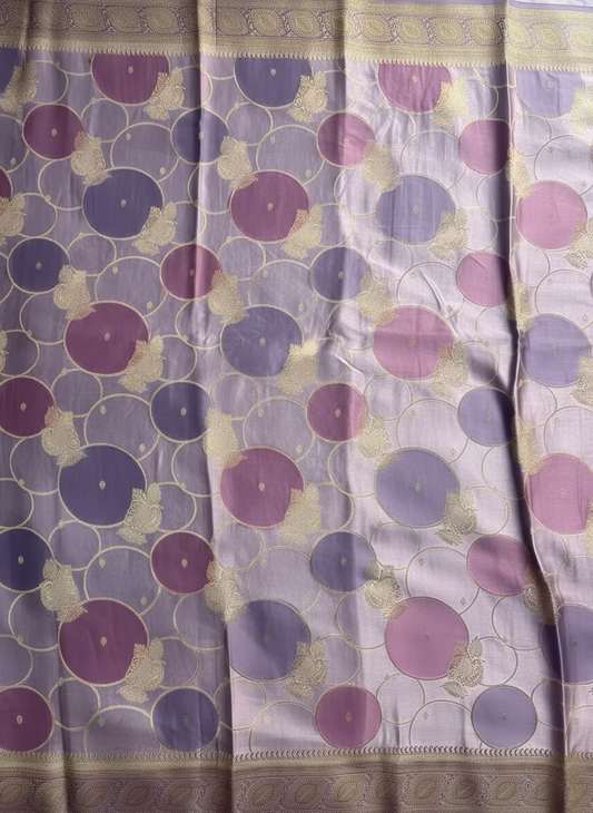 Lavender Banarasi Russian Silk Saree with Gold Circular shaped Rangkat weaving with Golden Leaf Border- Designer Party Wear