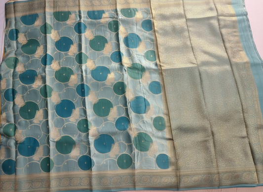 Sea Green Banarasi Russian Silk Saree with Gold Circular shaped Rangkat Weaving