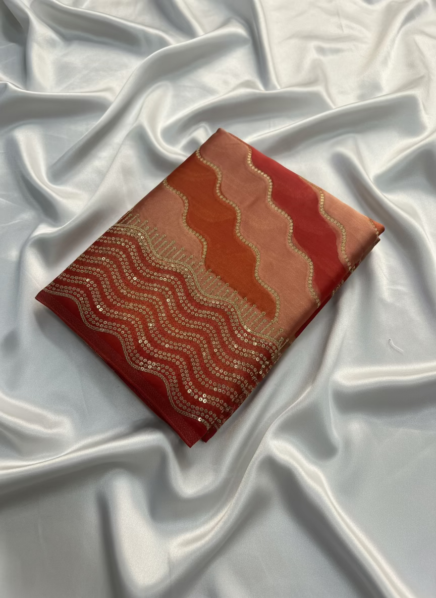Red & Brown Banarasi Russian Silk Saree with Wavy lines in Rangkat weaving - Designer Party Wear