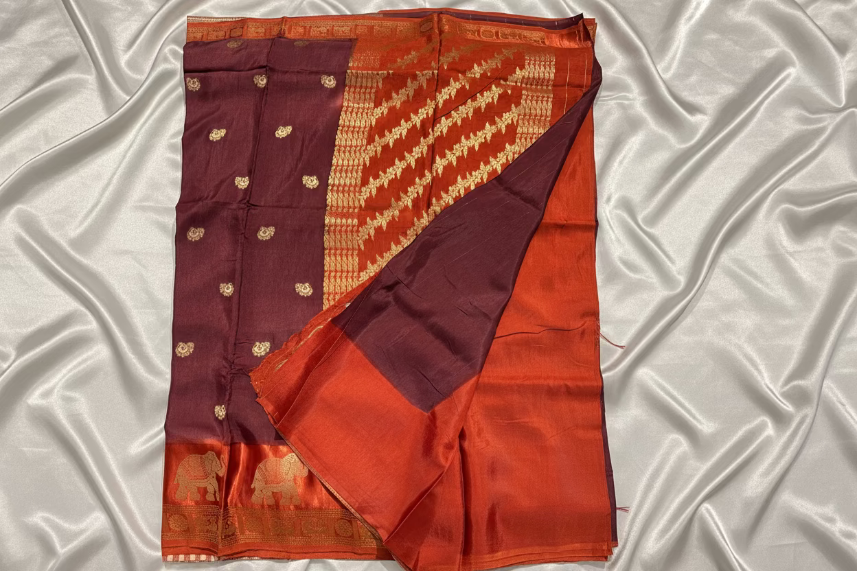 Brown Dola Silk - Rust Orange Satin Border