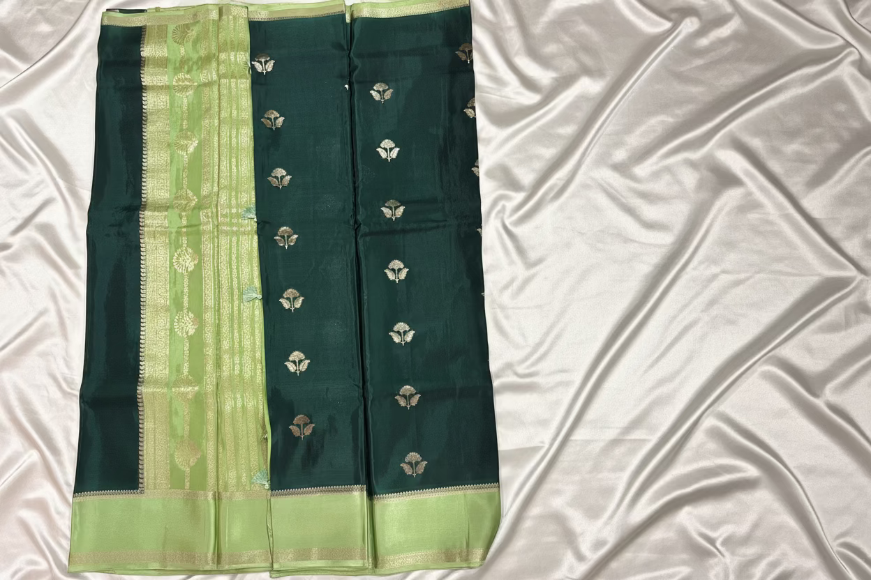 Dark Green Chinon Silk Saree - Satin Border