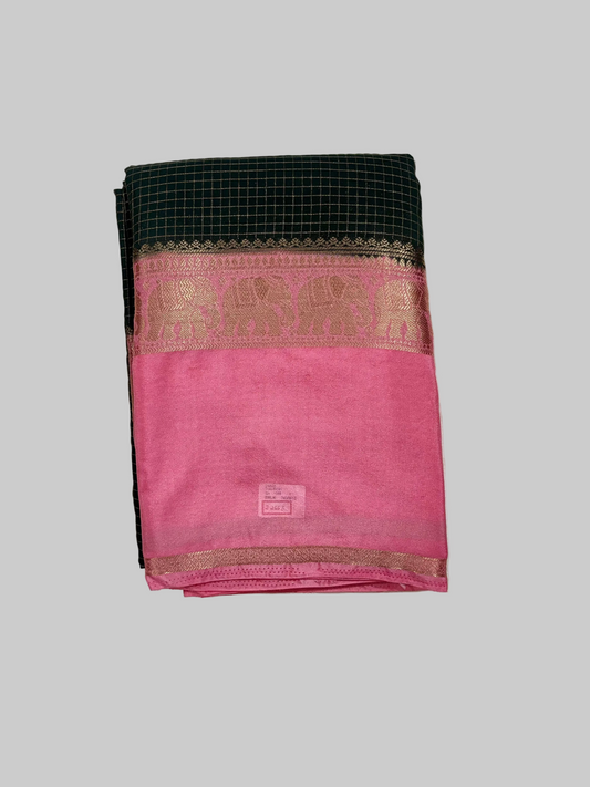 Bottle Green & Baby Pink Mysore Crape Silk with Elephant Border