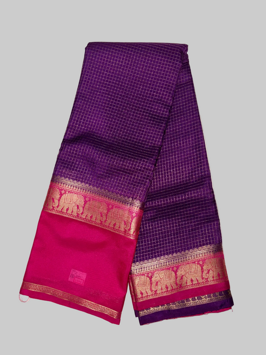 Royal Purple & Hot Pink Mysore Crape Silk with Elephant Border