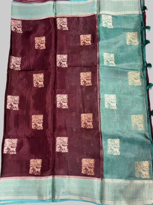 Brown Chinon Silk with Green Checkered Satin Border