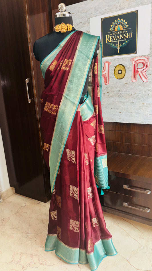 Brown Chinon Silk - Checkered Satin Border