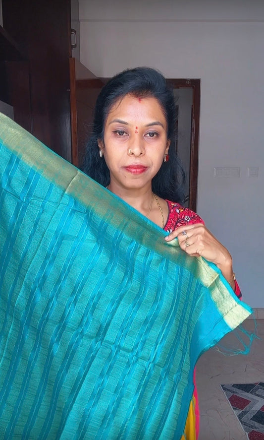 Mustard Yellow & Teal Blue Mysore Crape Silk - Half & Half