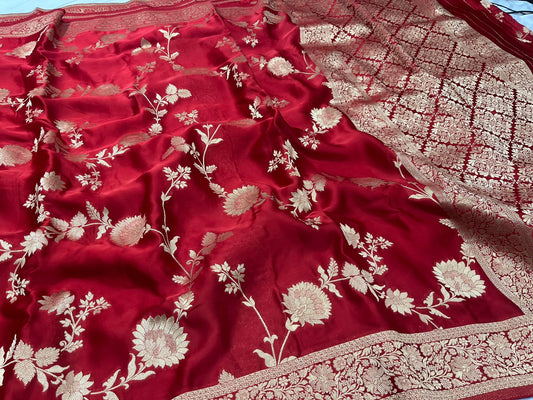 Luxurious Red Pure Mashru Silk Saree with Jall Design - Designer Ethnic Wear