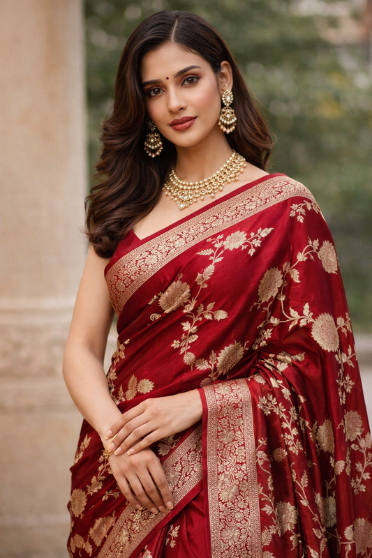 ಐಷಾರಾಮಿ ಕೆಂಪು ಶುದ್ಧ ಮಶ್ರು ರೇಷ್ಮೆ ಸೀರೆ ಜಾಲ್ ವಿನ್ಯಾಸದೊಂದಿಗೆ - ಡಿಸೈನರ್ ಎಥ್ನಿಕ್ ವೇರ್ 