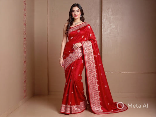 Bright Red Pure Chiniya Silk with Silver Floral Pattern with Contrast Border- Traditional Wear