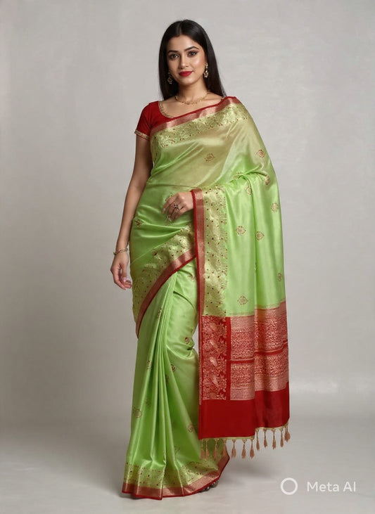 Pista Green Banarasi Pure Chiniya Silk with Double Zari Contrast Border - Traditional Wear